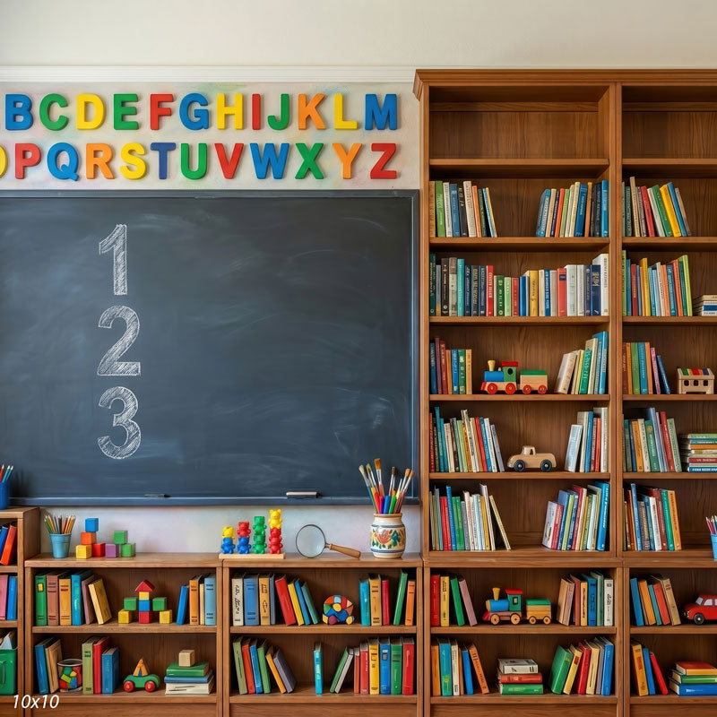 Bookworm Corner alphabet chalkboard and colorful book shelves wide scene backdrop CP-8966