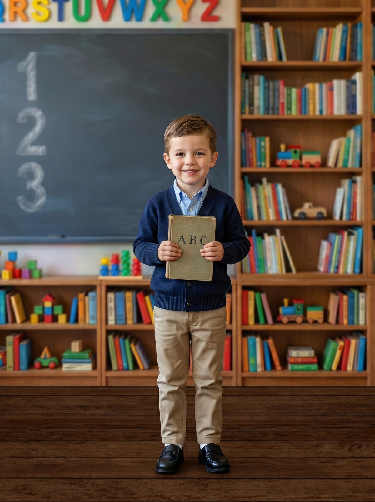 Bookworm Corner classroom chalkboard photography backdrop with alphabet letters and shelves of books and toys, shown in a styled studio setup with a young boy holding an ABC book CP-8966