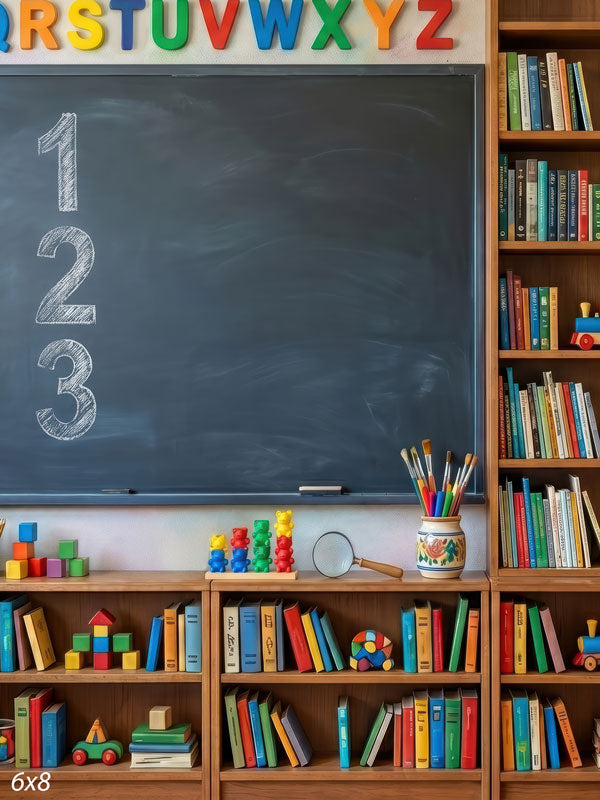 Bookworm Corner classroom chalkboard with bookshelves and toys photography backdrop CP-8966