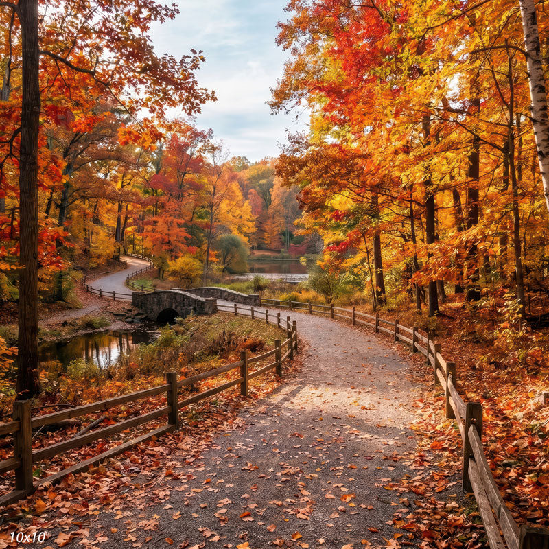 Bridgewalk autumn park lane split rail fence and stone bridge wide scene backdrop CP-9028