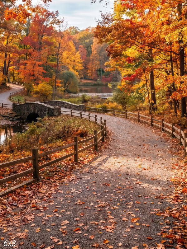 Bridgewalk autumn park path with stone bridge photography backdrop CP-9028