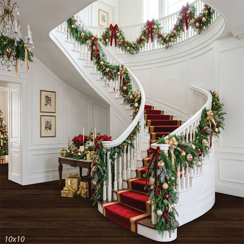 Velvet Runner white grand staircase red carpet runner Christmas garland backdrop CP-8905