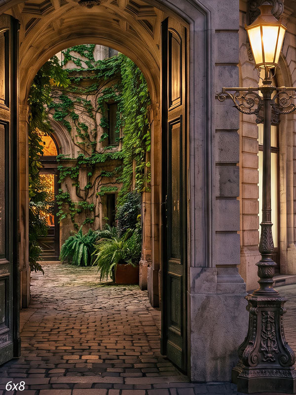 Stone archway opening onto an ivy-covered European courtyard with cobblestones, ferns, and a glowing iron street lamp, a scenic photography backdrop.
