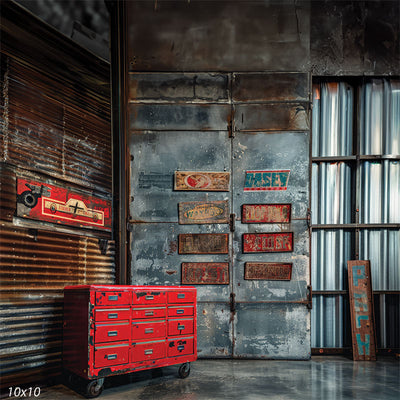 Industrial Garage Red Toolbox Photography Backdrop