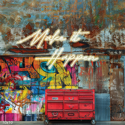 "Make it Happen" Graffiti and Red Toolbox Photography Backdrop