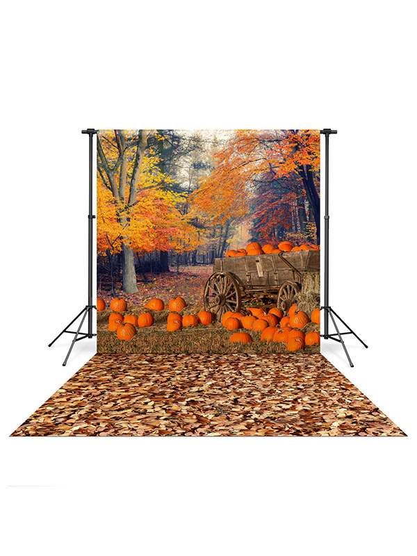 Pumpkin Wagon Backdrop and Fall Leaves Floor Drop Bundle