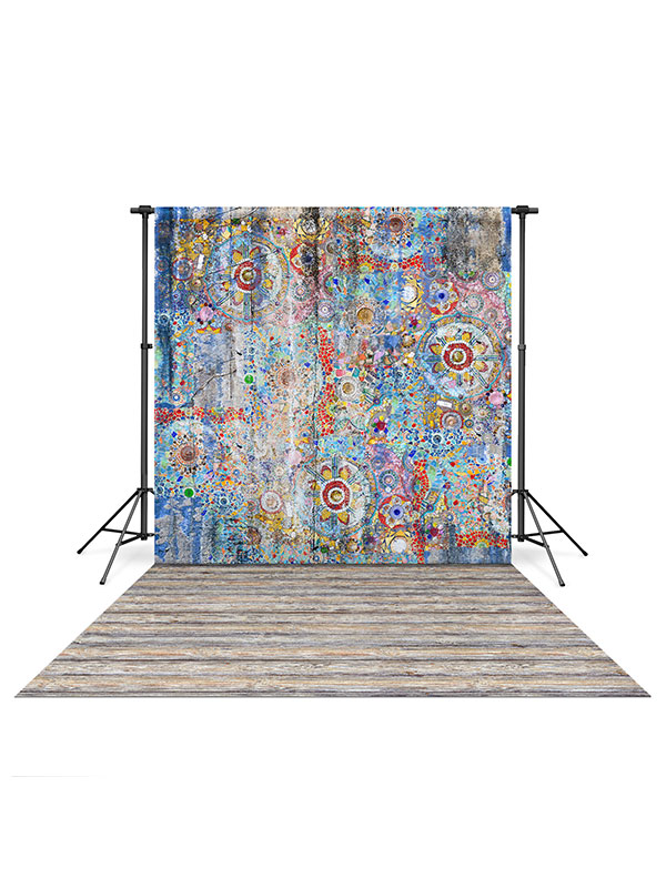 Mosaic Wall Backdrop and Light Colored Timber Wood Floor Drop Bundle
