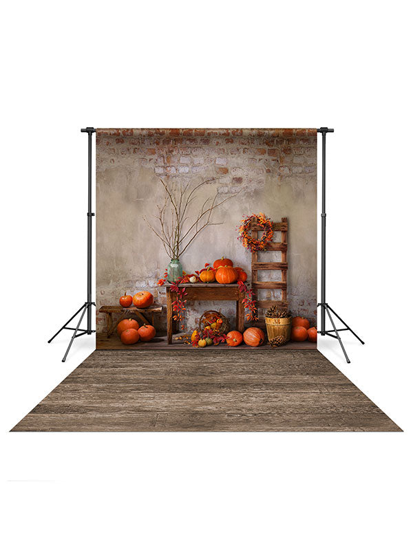 Halloween Pumpkins Backdrop and Brown Barnwood Floor Drop Bundle