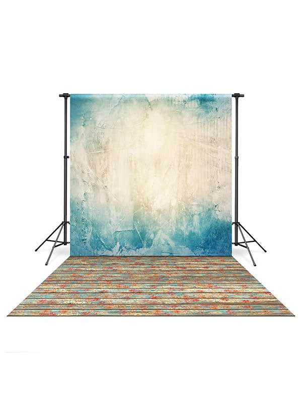 Caribbean Blue and Tan Backdrop and Flower Shack Wood Floor Drop Bundle