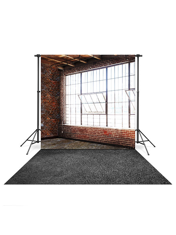 Warehouse Brick Corner Windows Backdrop and Asphalt Road Floor Drop Bundle