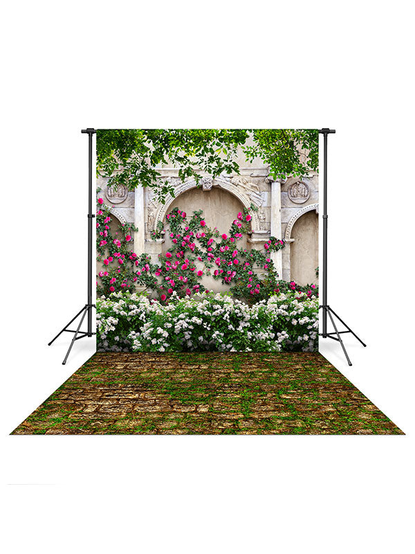 Flower Arches Backdrop and Mossy Brown Stone Floor Drop Bundle
