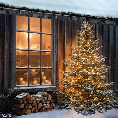 Wintry Christmas Cabin Backdrop