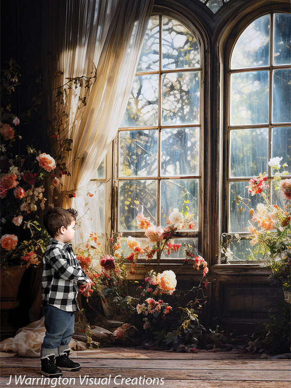 Elegant Floral Spring Afternoon Window Photography Backdrop - Denny Mfg