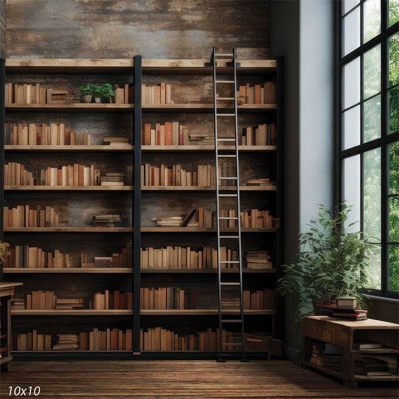 Library Wall Loft Cozy Loft Library with Ladder Photography Backdrop - Denny Mfg