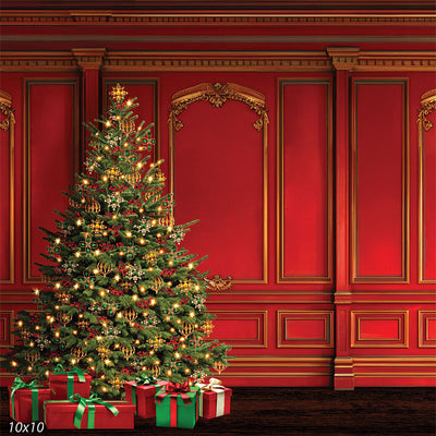 Red Christmas Wall and Christmas Tree Photography Backdrop