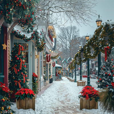 Picturesque Christmas Village Street Backdrop