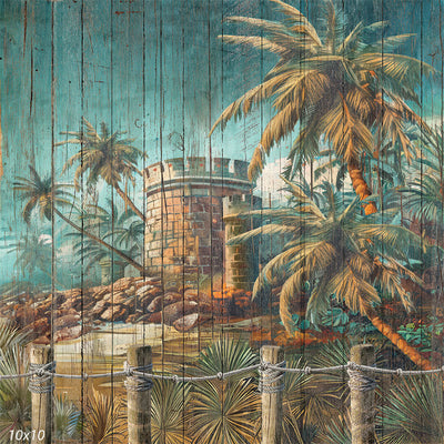 Tropical Watchtower and Beach Scene Wooden Mural Backdrop