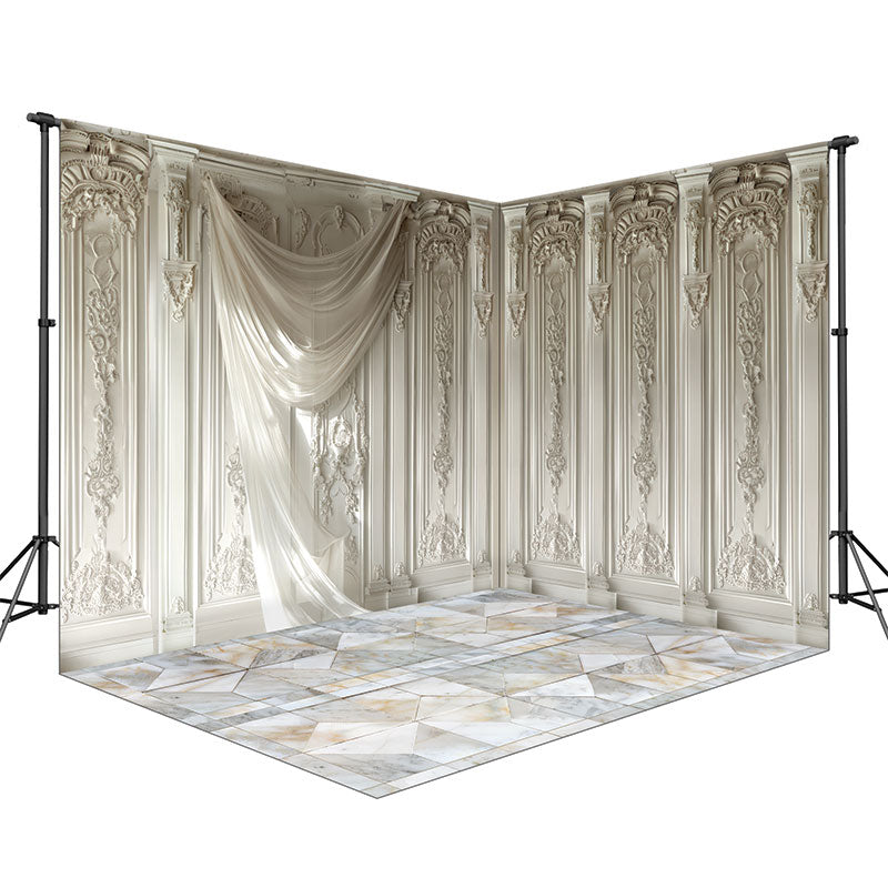 White Draped Panels and White Baroque Panels Corner Set