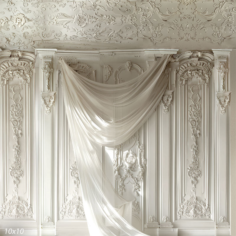 Elegant White Classical Panel Backdrop with Sheer Fabric