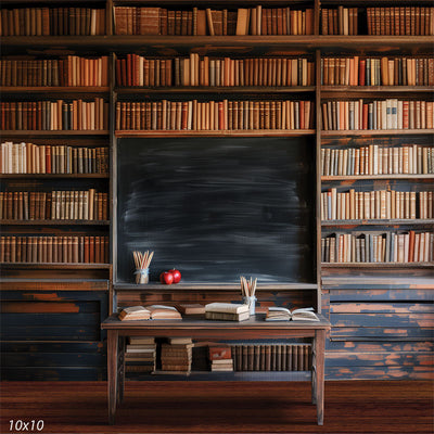 Classic Vintage School Classroom 10x10 Photography Backdrop - Vintage classroom photography backdrop with a chalkboard, wooden desk, and shelves of books, perfect for educational-themed photoshoots.