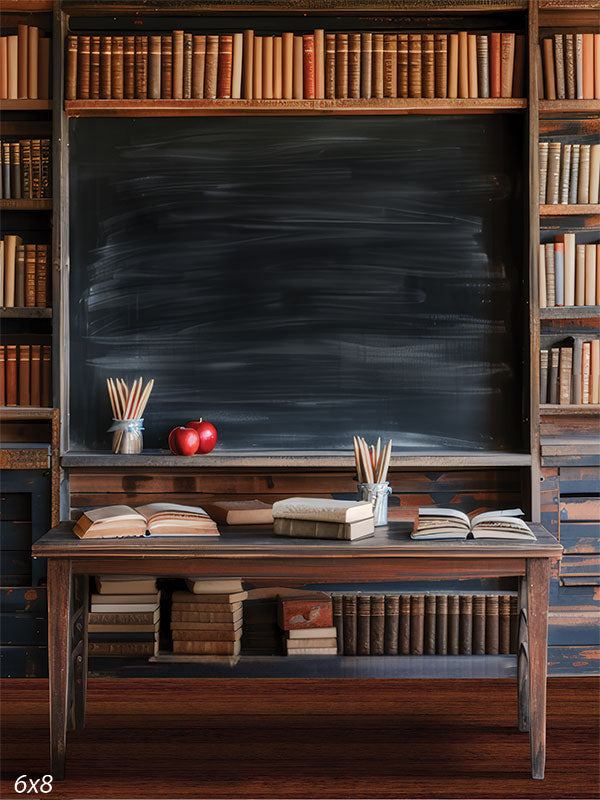 Classic Vintage School Classroom Photography 6x8 Backdrop - Vintage classroom photography backdrop with a chalkboard, wooden desk, and shelves of books, perfect for educational-themed photoshoots.