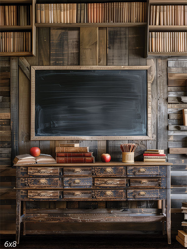 Vintage School Classroom Blackboard Charm 6x8 Photography Backdrop - Vintage classroom photography backdrop with chalkboard, wooden desk, and bookshelves, perfect for educational-themed photoshoots.