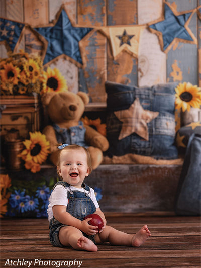 Kids Cake Smash Sunflower Teddy Bear Photography Backdrop