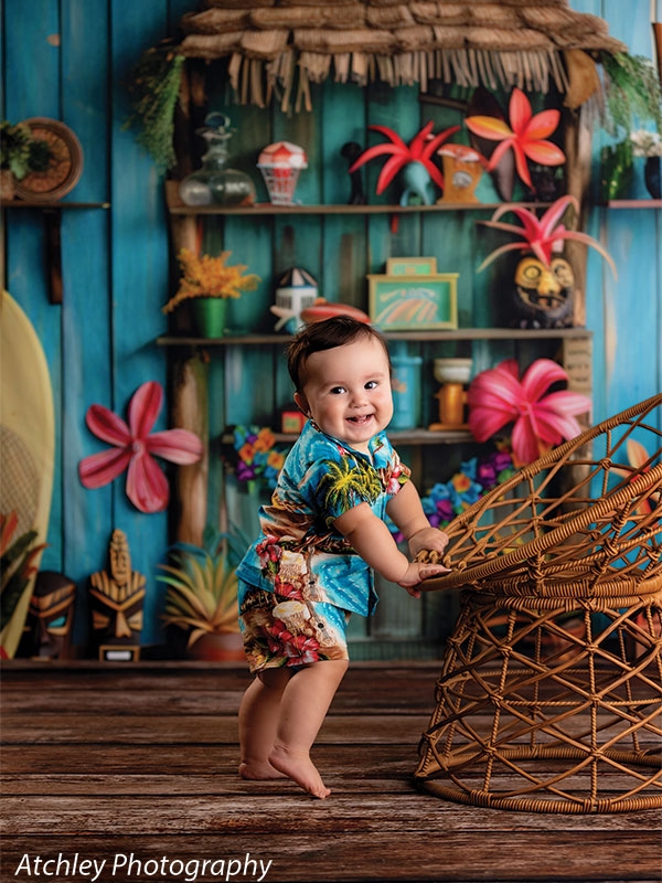 Colorful Tiki Toy Room Cake Smash Photography Backdrop