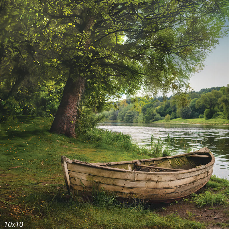 Rustic Rowboat by the Lakeside Photography Backdrop