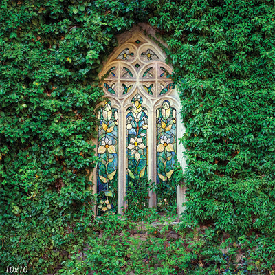 Floral Stained Glass Window with Ivy Backdrop