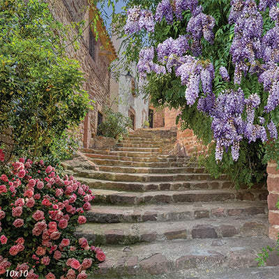 Rustic Stone Staircase with Floral Accents Backdrop