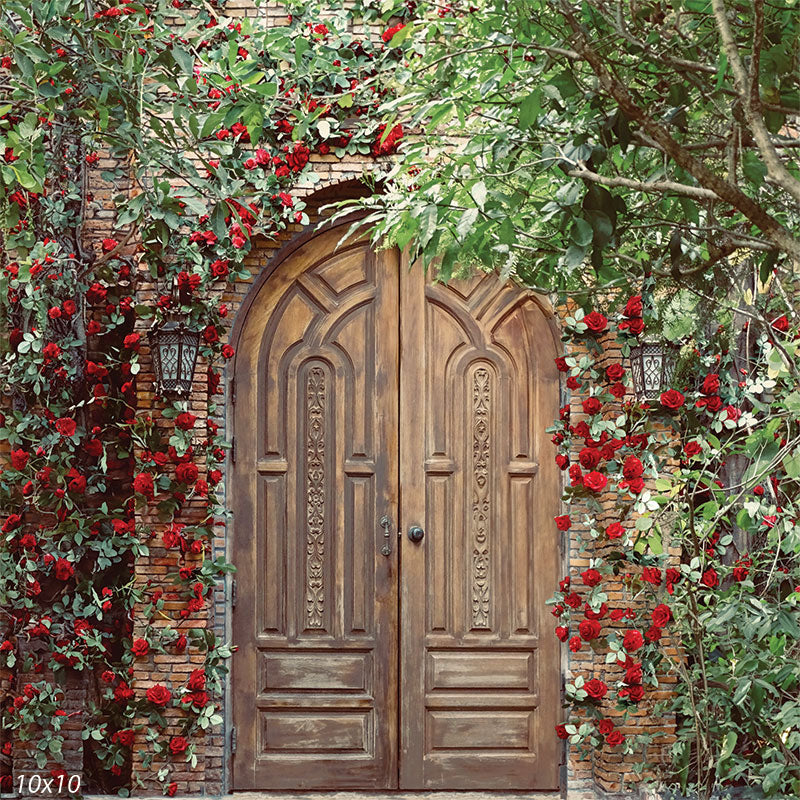 Ornate Wooden Door with Red Roses Backdrop