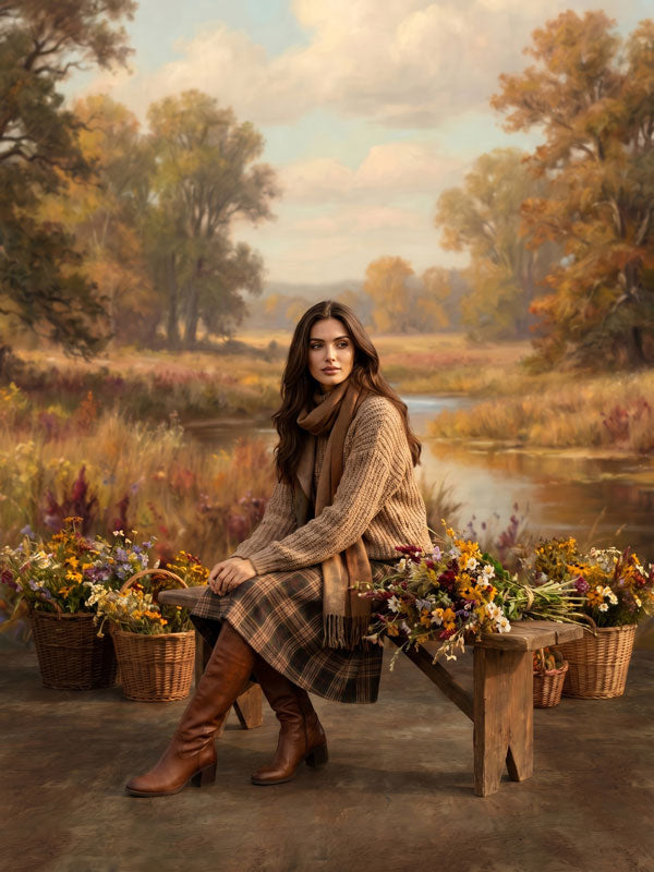 Maple Hollow autumn meadow stream with wildflowers photography backdrop shown in a styled studio photo setup CP-8947