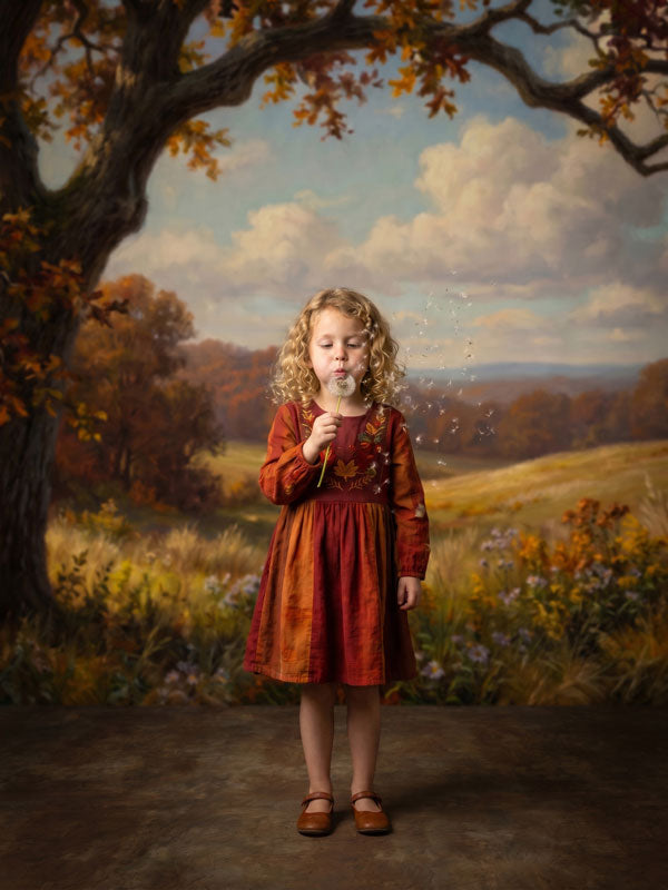 Goldleaf Ridge autumn oak tree overlooking rolling hills photography backdrop shown in a styled studio photo setup CP-8948