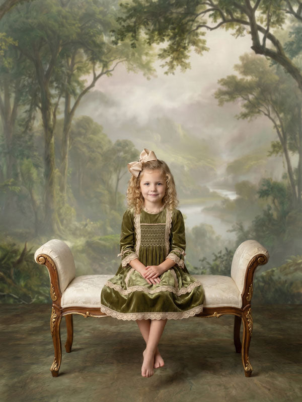 Cloudveil misty green river valley photography backdrop shown in a styled studio photo setup CP-8951