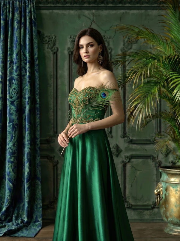 Emerald Parlor emerald victorian wall with palm and velvet drape photography backdrop shown in a styled studio photo setup CP-8953