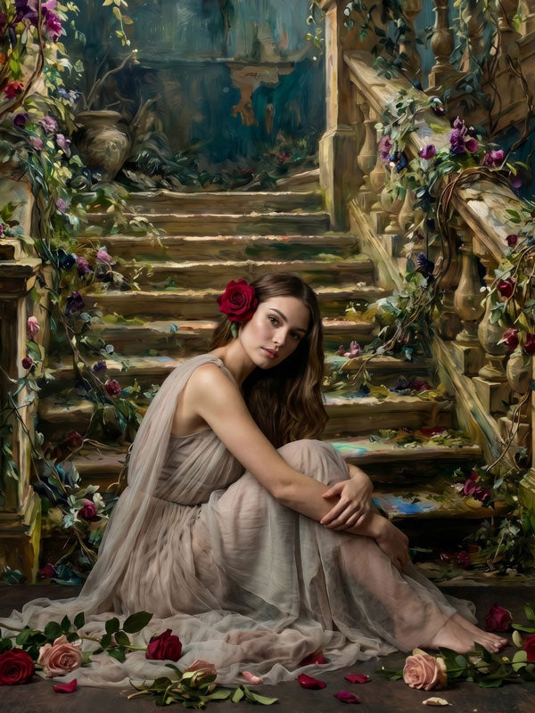 Cascade Rose rose-draped staircase with stained glass photography backdrop shown in an alternate styled studio photo setup CP-8954