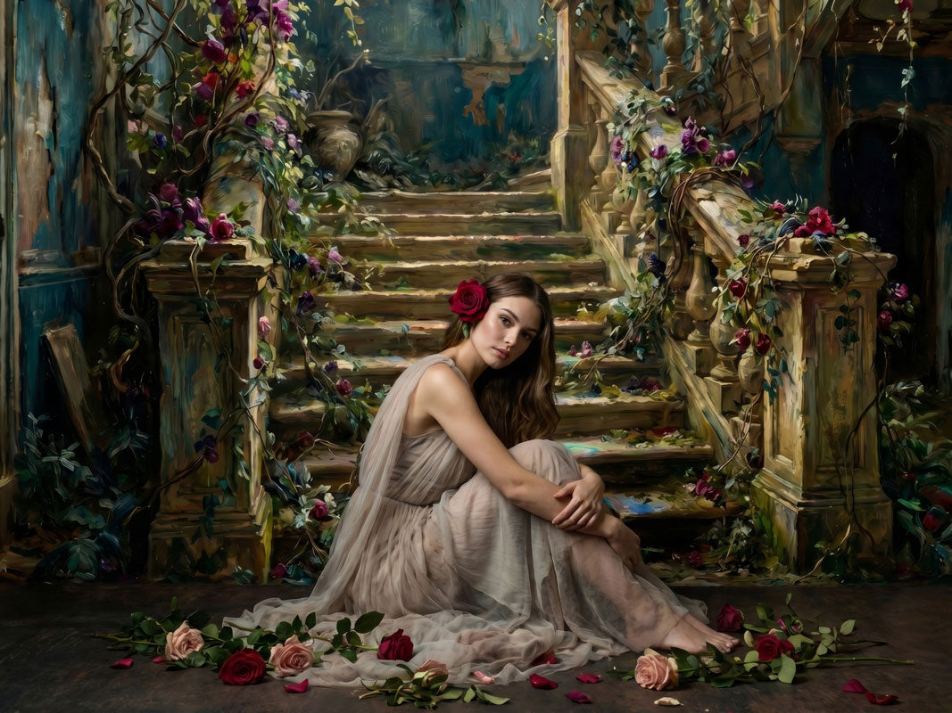 Cascade Rose rose-draped staircase with stained glass photography backdrop shown in a styled studio photo setup CP-8954