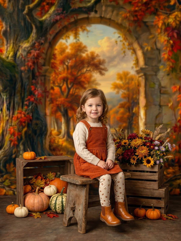 Amber Archway stone arch overlooking autumn forest path photography backdrop shown in a styled studio photo setup CP-8955