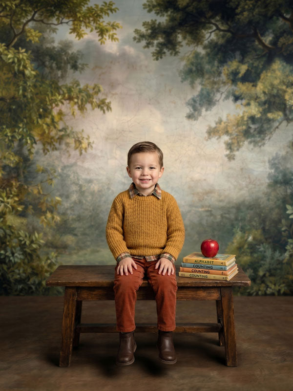 Soft Canopy ethereal misty landscape with leafy canopy photography backdrop shown in a styled studio photo setup CP-8956
