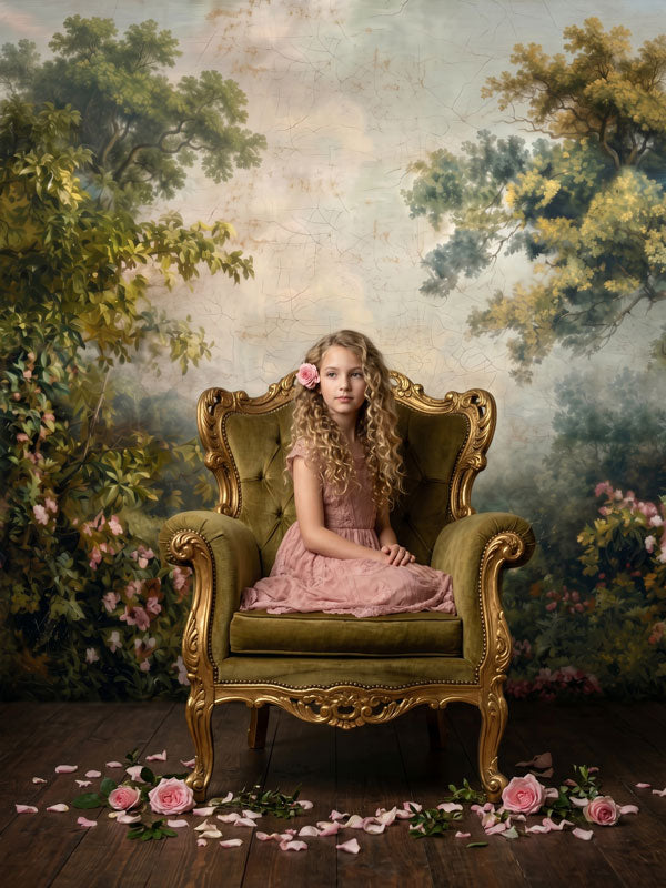 Antique Bloom ethereal rose garden landscape with aged finish photography backdrop shown in a styled studio photo setup CP-8957