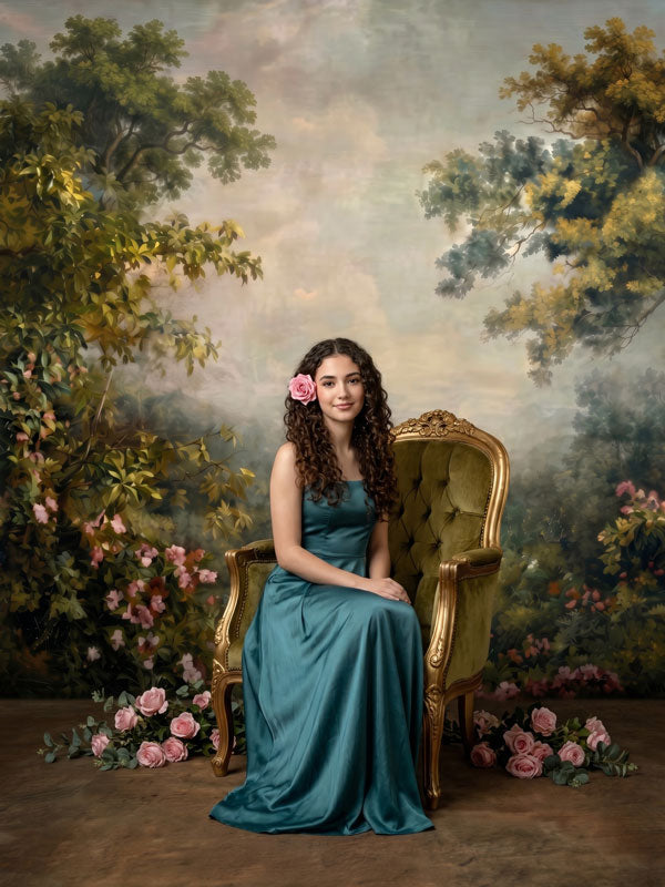 Rose Haze ethereal rose garden landscape photography backdrop shown in a styled studio photo setup CP-8958