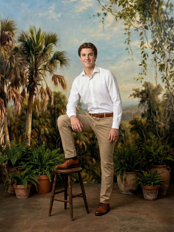 Palmetto Bluff tropical marsh with palmettos and distant hills photography backdrop shown in a styled studio photo setup CP-8959