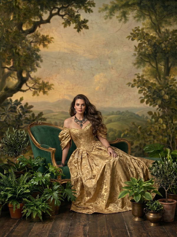 Old Master Vale old world pastoral vista with aged cracked finish photography backdrop shown in a styled studio photo setup CP-8961