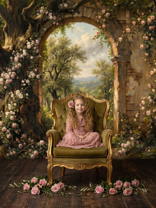 Blushing Gate stone arch with climbing roses over summer woods photography backdrop shown in a styled studio photo setup CP-8962