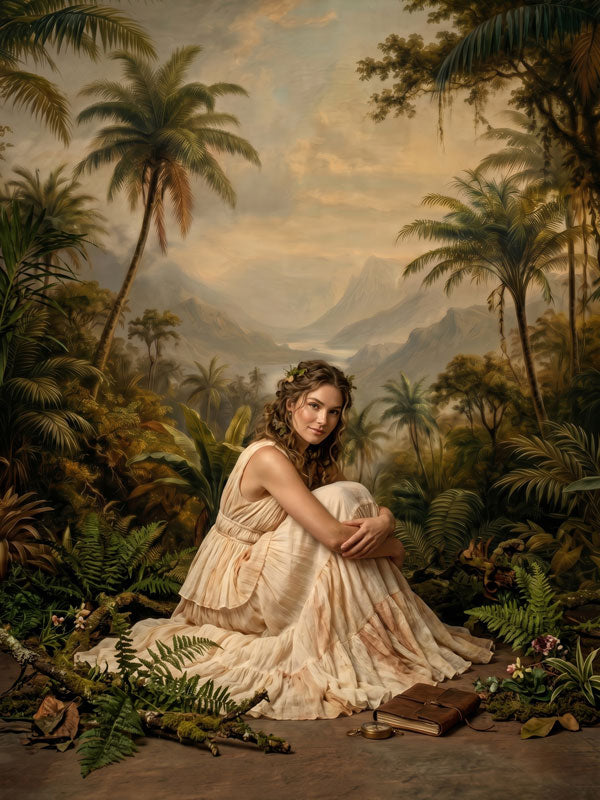 Palm Valley tropical valley with palms and misty mountains photography backdrop shown in a styled studio photo setup CP-8963