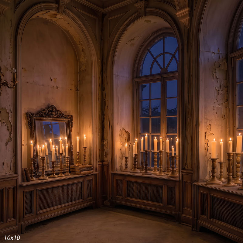 Wider view of the candlelit corner showing a third arched window and more of the gilt mirror and aged plaster walls, an antique interior photography backdrop.