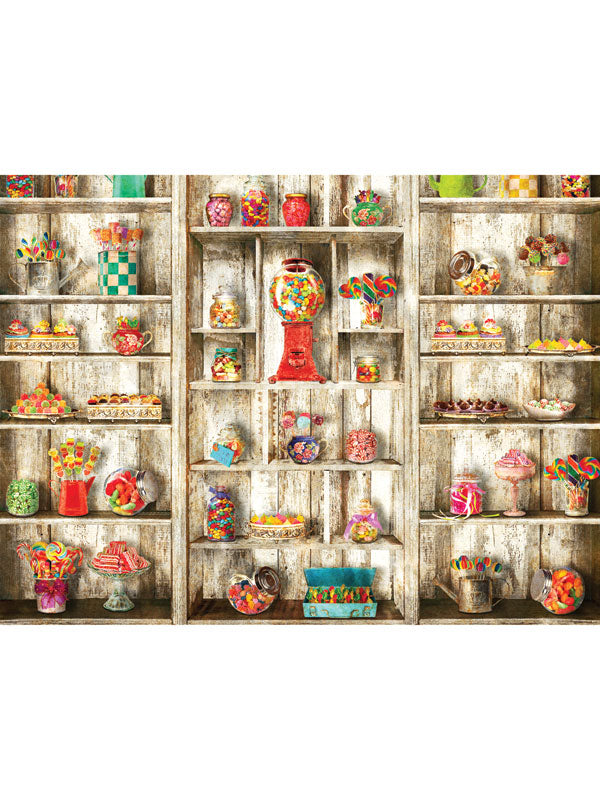 Candyland Bliss Cake Smash Backdrop - Whimsical cake smash backdrop with vibrant candy shop shelves filled with colorful candies, jars, and a red gumball machine.