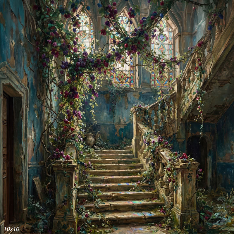 Cascade Rose enchanted rose staircase and stained glass window wide scene backdrop CP-8954