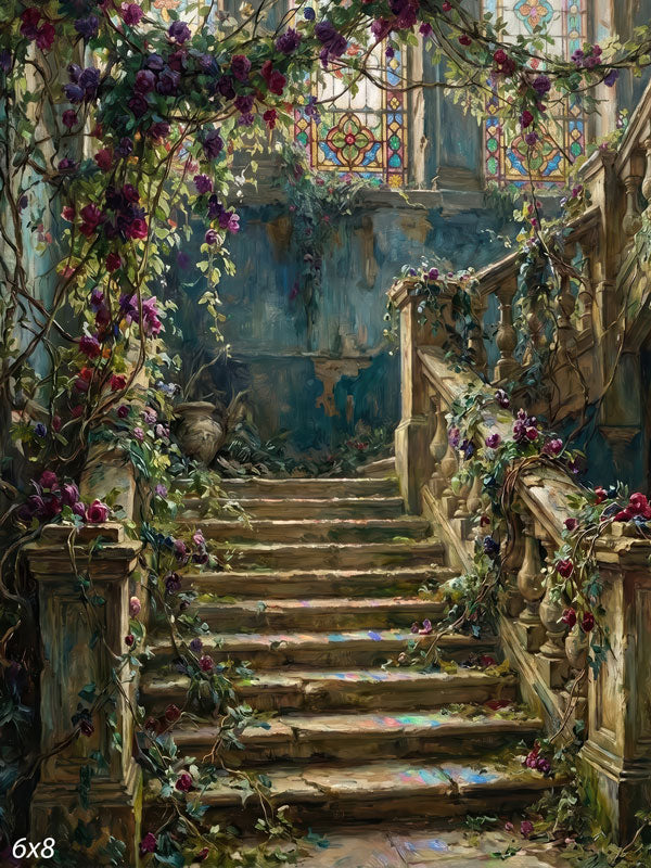 Cascade Rose rose-draped staircase with stained glass photography backdrop CP-8954